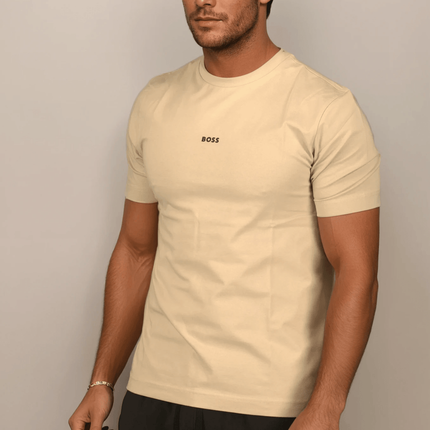 Hugo Boss Relaxed - Fit T-Shirt in Stretch Cotton with Logo Print Beige - Boinclo - Outlet Sale Under Retail